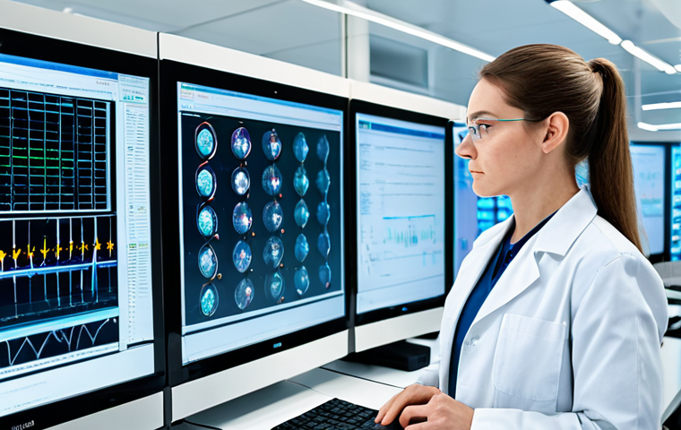 A professional female biologist, fully clothed in a modest lab coat over appropriate professional dress, stands in a brightly lit, modern biotechnology laboratory. She is intently observing a complex genetic sequence displayed on a large, futuristic transparent screen, surrounded by advanced computational equipment and sleek lab benches. The setting emphasizes the fusion of AI and biological research. Perfect anatomy, correct proportions, natural pose, well-formed hands, proper finger count. Professional photography, high quality, safe for work, appropriate content, family-friendly.