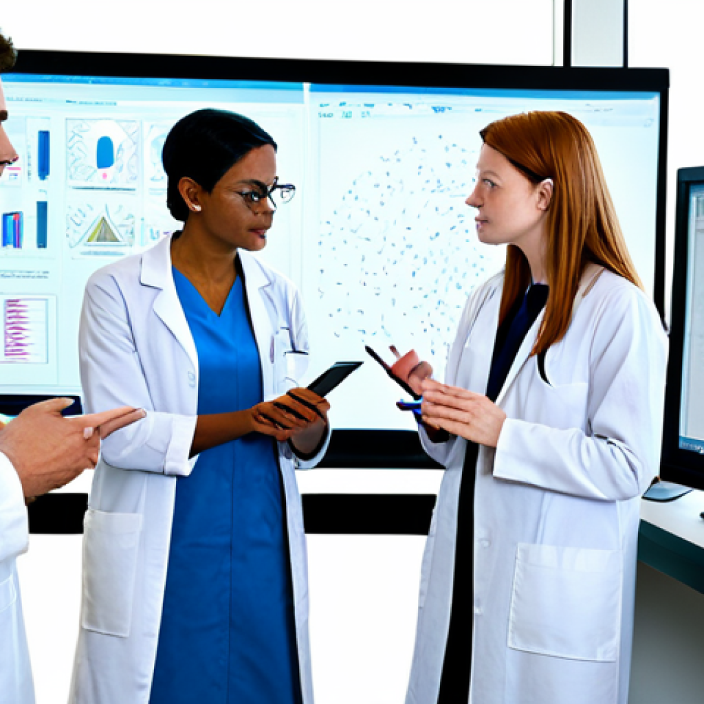Collaborative Research Meeting**
"A diverse group of scientists in a brightly lit, modern laboratory, fully clothed in appropriate lab attire, engaged in a team meeting. They are discussing data displayed on a large monitor. Some are gesturing thoughtfully, others are taking notes. The atmosphere is collaborative and professional. perfect anatomy, correct proportions, natural poses, well-formed hands, proper finger count, safe for work, appropriate content, fully clothed, professional, modest, family-friendly, high-quality rendering, detailed."
**