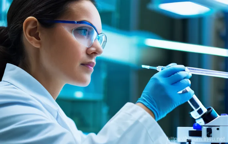 생물학자 직무 분석 - A focused female biologist, in her late 20s to early 30s, wearing a clean white lab coat and safety ...