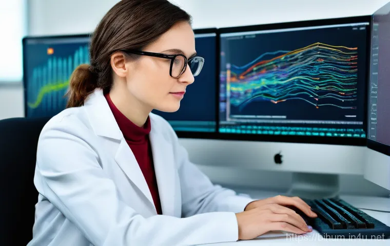 생물학자 진로 전환 방법 - **Prompt 1: Data Scientist (Bioinformatics)**
A female biologist, late 20s, with short, neat hai...