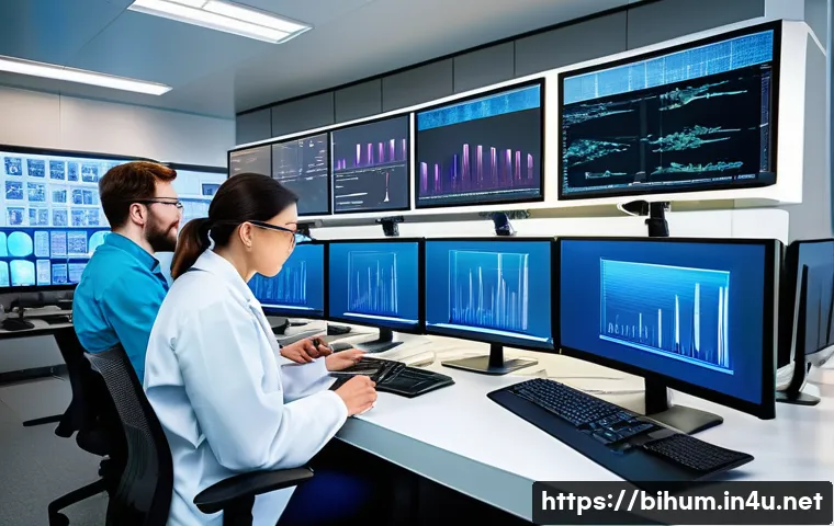 생물학자 실험 데이터 해석 능력 - A detailed scientific laboratory scene showing a diverse group of biologists and data scientists col...