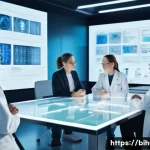 생물학자 생명과학 분야의 윤리 - A futuristic laboratory scene showing a diverse group of scientists in white lab coats engaging in a...