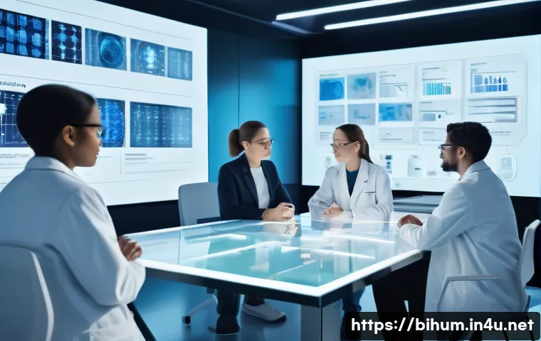 생물학자 생명과학 분야의 윤리 - A futuristic laboratory scene showing a diverse group of scientists in white lab coats engaging in a...