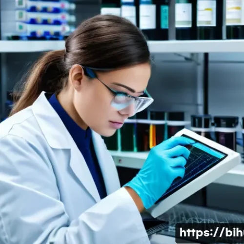생물학자 실험 데이터 기록 - A detailed laboratory scene showing a focused biologist wearing a lab coat and safety glasses, metic...