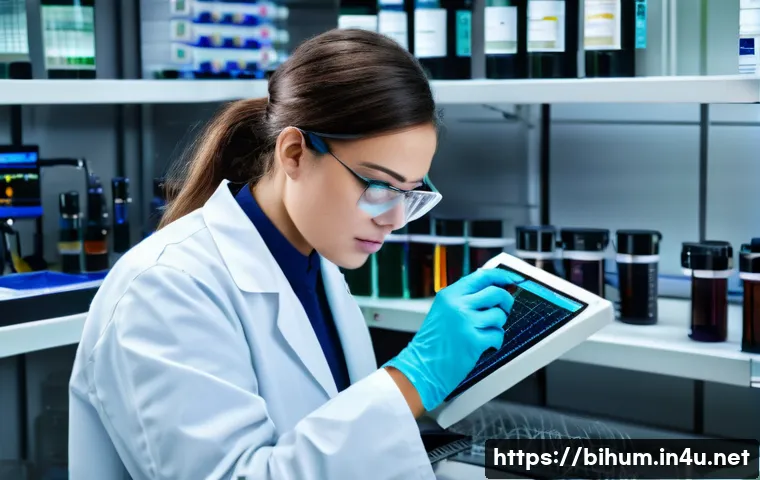 생물학자 실험 데이터 기록 - A detailed laboratory scene showing a focused biologist wearing a lab coat and safety glasses, metic...