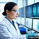 생물학자 연구 결과의 사회적 영향 - A high-tech biomedical laboratory scene showing diverse scientists analyzing genetic data on futuris...