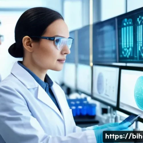 생물학자 연구 결과의 사회적 영향 - A high-tech biomedical laboratory scene showing diverse scientists analyzing genetic data on futuris...