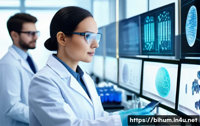 생물학자 연구 결과의 사회적 영향 - A high-tech biomedical laboratory scene showing diverse scientists analyzing genetic data on futuris...