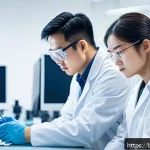 생물학자 실무에서 중요한 능력 - A detailed laboratory scene showing a diverse group of biologists collaborating on experimental desi...