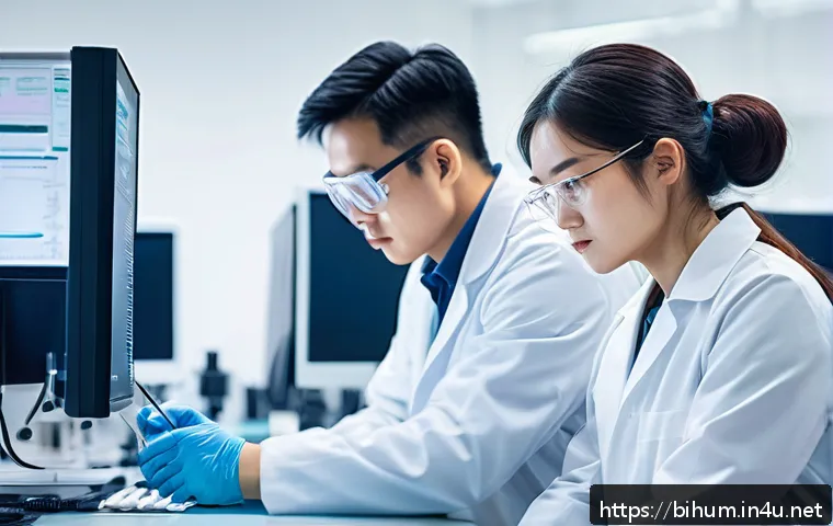 생물학자 실무에서 중요한 능력 - A detailed laboratory scene showing a diverse group of biologists collaborating on experimental desi...