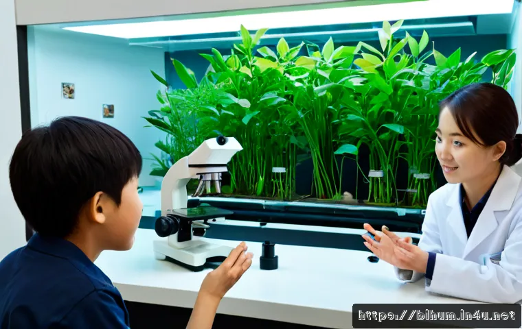 생물학자 과학 커뮤니케이션 기술 - Photorealistic biology scientist presenting a vivid plant cell model to a small mixed-age audience i...