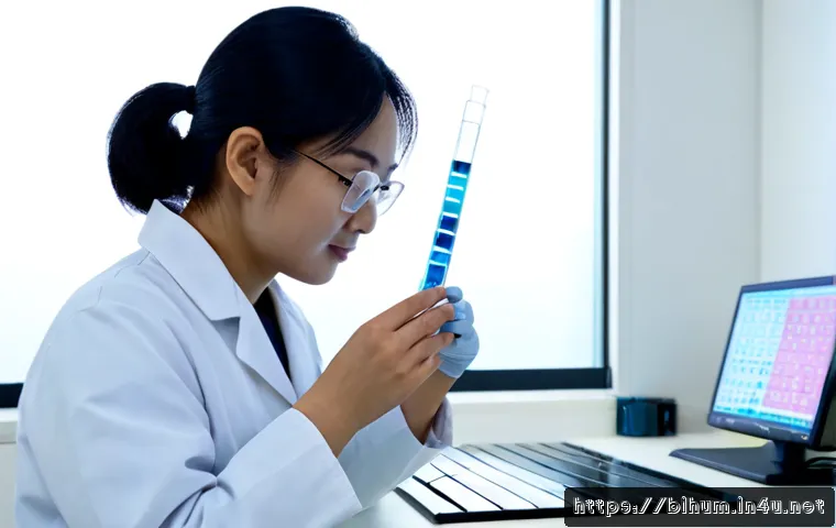 생물학자 생명과학 분야의 최신 트렌드 - Photorealistic life science researcher in a clean modern laboratory, carefully examining a small gla...