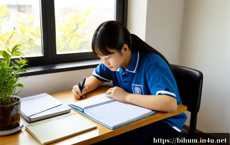생물학자 진로 계획 세우기 - Photorealistic high school student planning a biology career at a tidy home desk, studying a microsc...