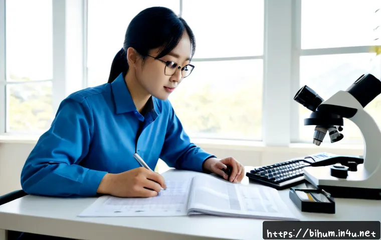 Home 17 생물학자 논문 게재 전략 - Photorealistic university biologist in a bright modern laboratory, seated at a clean desk comparing ...